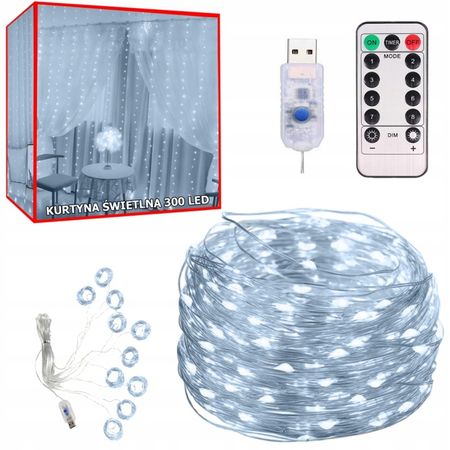 Kurtyna 300 led druciki 3x3 wiszące lampki zimne światło 26018